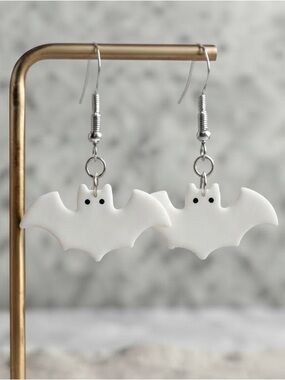 Spooky Little Bat — Halloween — Handmade Earrings — White